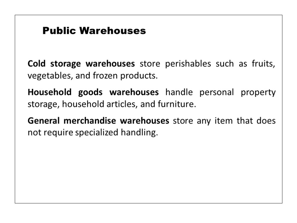 Cold storage warehouses store perishables such as fruits, vegetables, and frozen products. Household goods